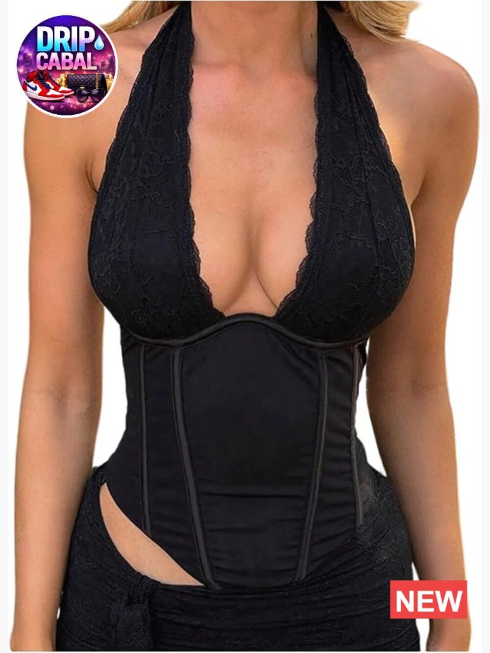 Sexy Deep V Neck Halter Crop Top Lace Trim Tie Back Corset Tank Top